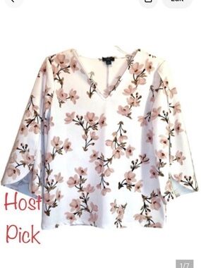 Ann Taylor Floral Top with 3/4 Length Tulip Sleeves in Cream/Brown Women’s PS